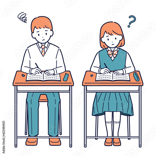 勉強中に分からなくなった学生の男女＿全身