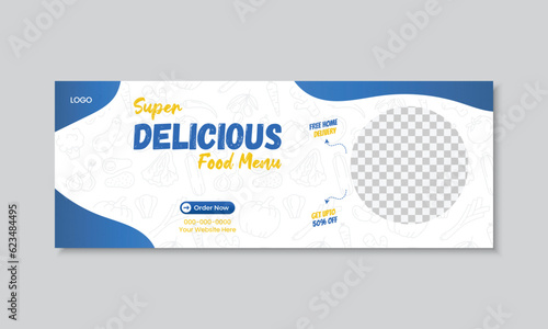 Restaurant facebook cover design, web banner template, facebook timeline cover post, social media marketing promotion, minimal food cover design, clean illustration