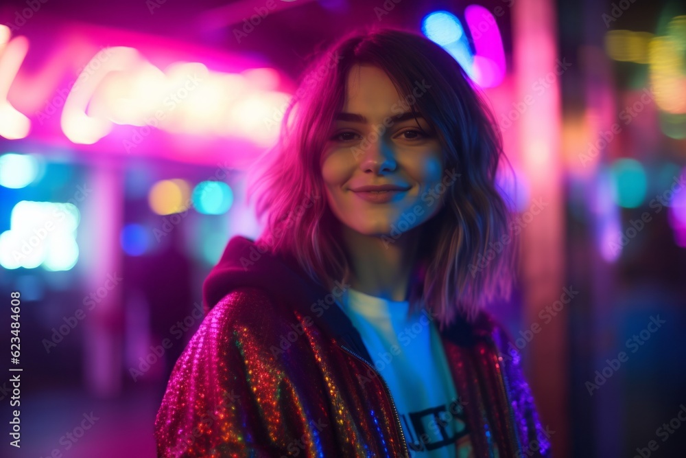 Eclectic portrait photography of a happy girl in her 30s wearing a comfortable tracksuit against a lively night club background. With generative AI technology Eclectic portrait photography of a happy girl in her 30s wearing a comfortable tracksuit against a lively night club background. With generative AI technology