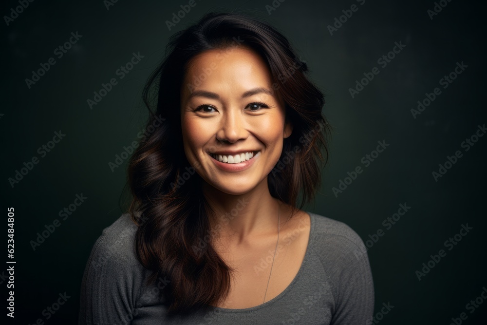 Three-quarter studio portrait photography of a joyful girl in her 30s wearing a chic cardigan against a peaceful yoga studio background. With generative AI technology Three-quarter studio portrait photography of a joyful girl in her 30s wearing a chic cardigan against a peaceful yoga studio background. With generative AI technology