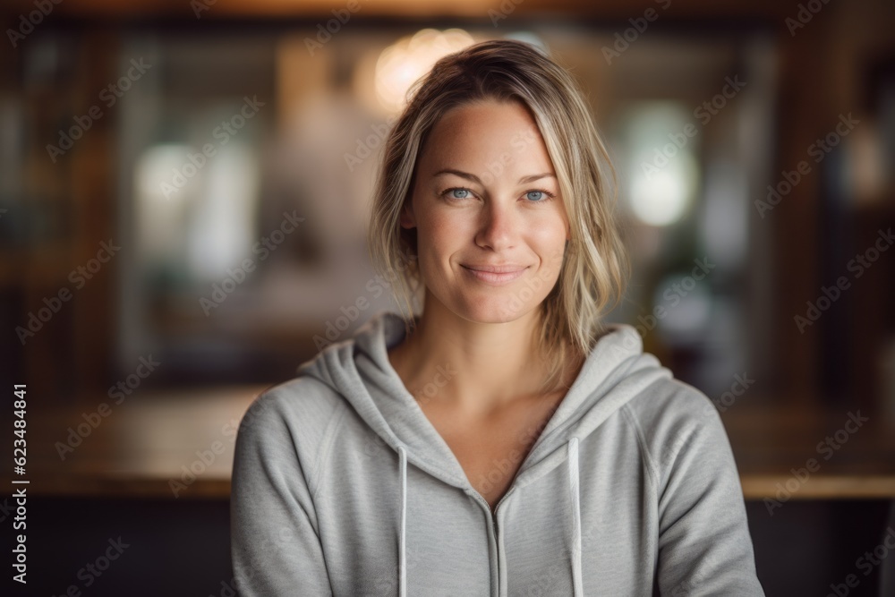 Studio portrait photography of a tender girl in her 30s wearing a comfortable hoodie against a peaceful yoga studio background. With generative AI technology Studio portrait photography of a tender girl in her 30s wearing a comfortable hoodie against a peaceful yoga studio background. With generative AI technology