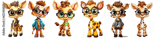 Animation cartoon art , Set cute little giraffe with fashionable glasses vector illustration, , Isolated PNG