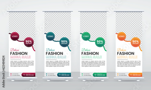 Fashion sale roll up banner, standee cover design template, poster trendy wavy design with colorful gradient bundle set, fashion marketing banner for ads, business promotion, creative editable vector