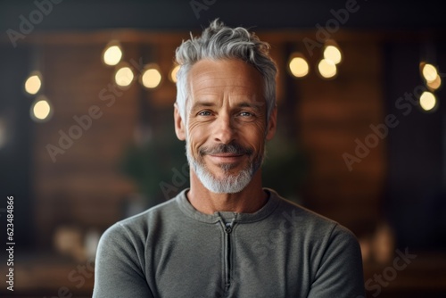 Studio portrait photography of a glad mature man wearing a cozy sweater against a peaceful yoga studio background. With generative AI technology