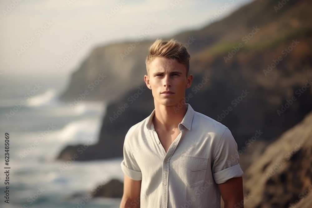 Medium shot portrait photography of a tender boy in his 30s wearing a casual short-sleeve shirt against a dramatic coastal cliff background. With generative AI technology Medium shot portrait photography of a tender boy in his 30s wearing a casual short-sleeve shirt against a dramatic coastal cliff background. With generative AI technology