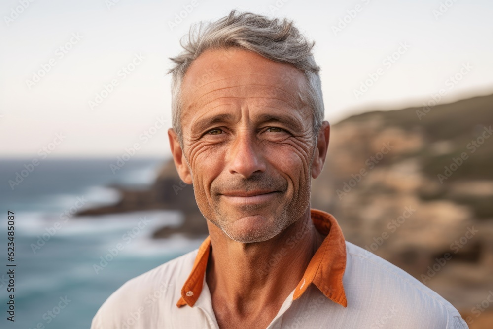 Editorial portrait photography of a glad mature boy wearing a sporty polo shirt against a dramatic coastal cliff background. With generative AI technology