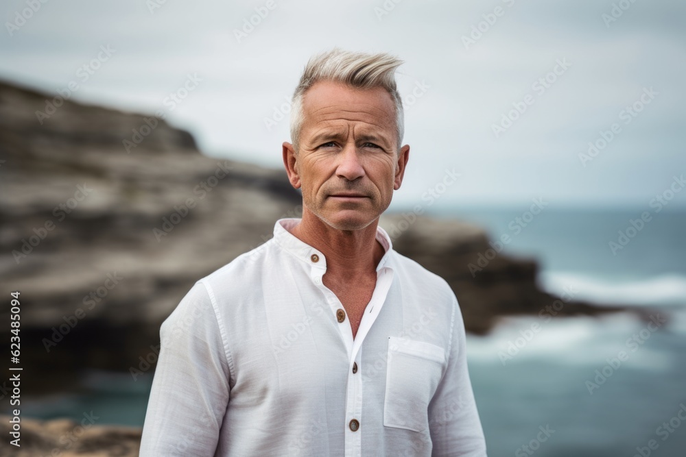 Editorial portrait photography of a glad mature boy wearing a sporty polo shirt against a dramatic coastal cliff background. With generative AI technology