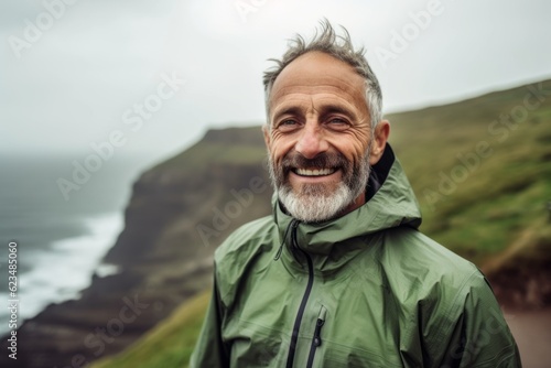 Medium shot portrait photography of a joyful mature man wearing a lightweight windbreaker against a dramatic coastal cliff background. With generative AI technology
