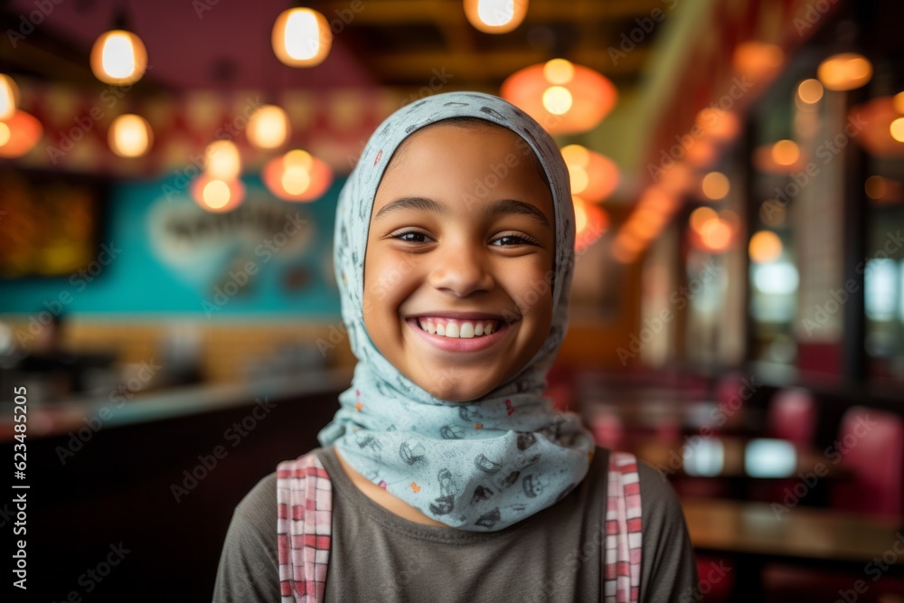 Environmental portrait photography of a grinning kid female wearing hijab against a classic diner background. With generative AI technology Environmental portrait photography of a grinning kid female wearing hijab against a classic diner background. With generative AI technology
