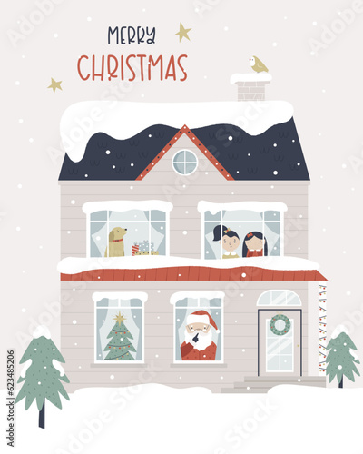 Christmas greeting card with holiday decorated house, girl waiting for Santa, Santa Claus, room with Christmas tree