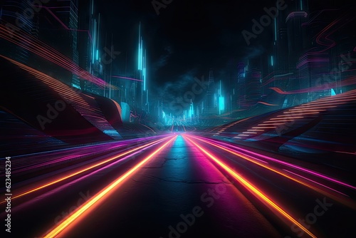 Neon Color Motion On Speedway. Scifi illustration with neon lights and road. Generative ai