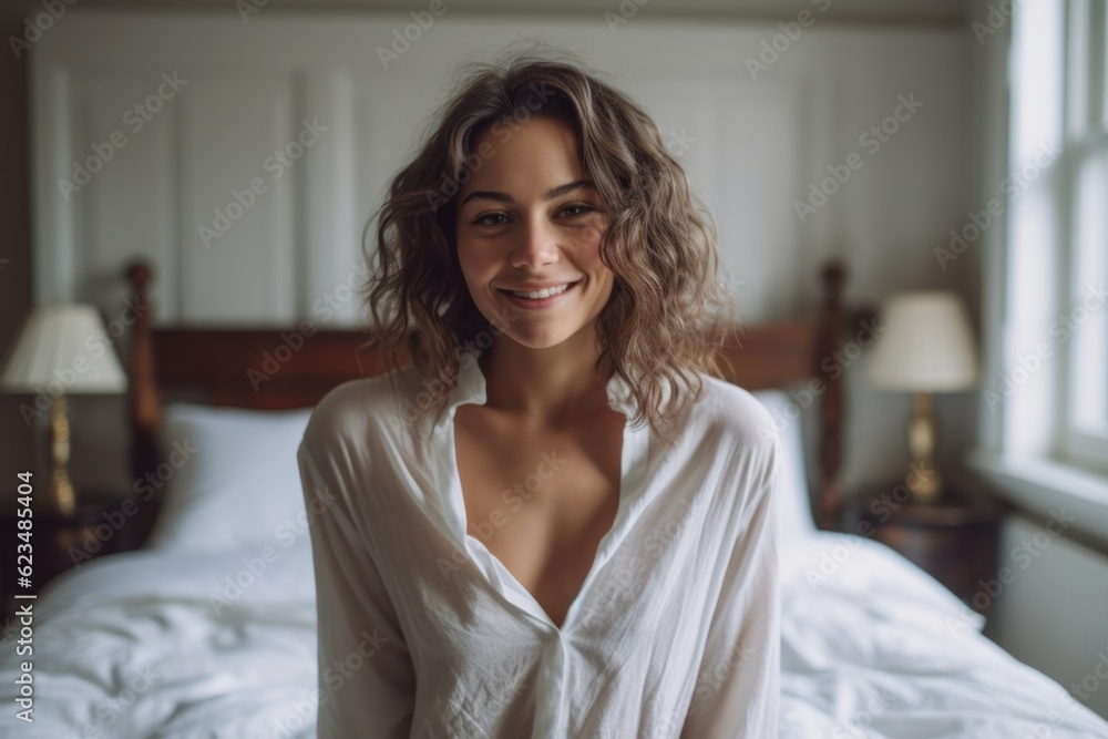 Urban fashion portrait photography of a grinning girl in her 30s wearing an elegant long-sleeve shirt against a charming bed and breakfast background. With generative AI technology Urban fashion portrait photography of a grinning girl in her 30s wearing an elegant long-sleeve shirt against a charming bed and breakfast background. With generative AI technology