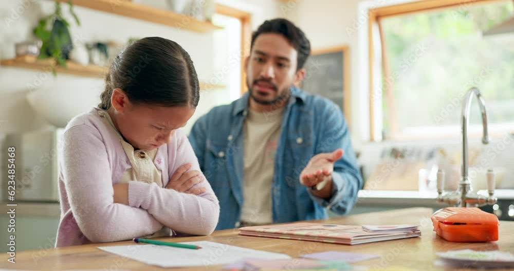 Angry dad with crying child, homework and scolding in kitchen, helping ...