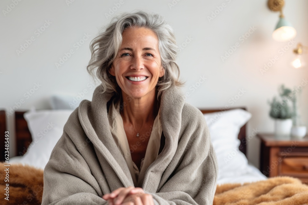 Studio portrait photography of a joyful mature woman wearing a cozy winter coat against a charming bed and breakfast background. With generative AI technology Studio portrait photography of a joyful mature woman wearing a cozy winter coat against a charming bed and breakfast background. With generative AI technology