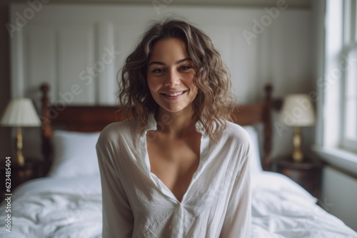 Urban fashion portrait photography of a grinning girl in her 30s wearing an elegant long-sleeve shirt against a charming bed and breakfast background. With generative AI technology © Markus Schröder