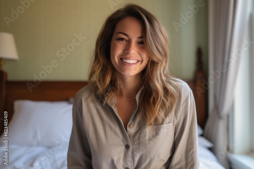 Urban fashion portrait photography of a grinning girl in her 30s wearing an elegant long-sleeve shirt against a charming bed and breakfast background. With generative AI technology