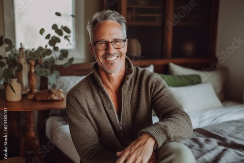 Eclectic portrait photography of a glad mature man wearing a cozy sweater against a charming bed and breakfast background. With generative AI technology