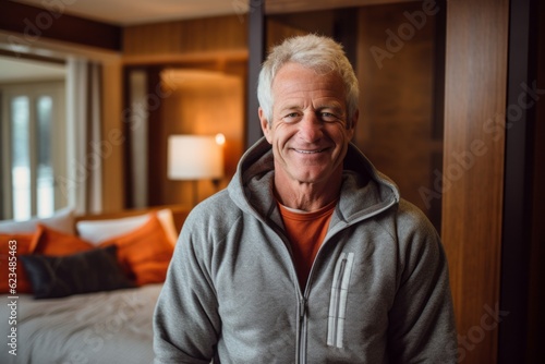 Environmental portrait photography of a satisfied mature man wearing a cozy zip-up hoodie against a charming bed and breakfast background. With generative AI technology © Markus Schröder