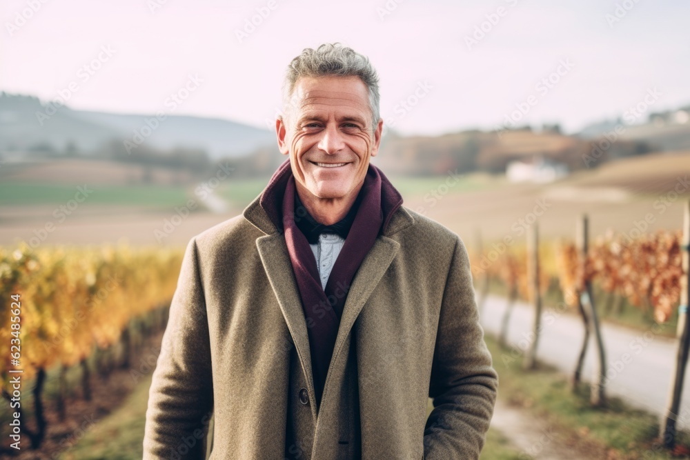 Lifestyle portrait photography of a grinning mature man wearing a cozy winter coat against a picturesque vineyard background. With generative AI technology Lifestyle portrait photography of a grinning mature man wearing a cozy winter coat against a picturesque vineyard background. With generative AI technology