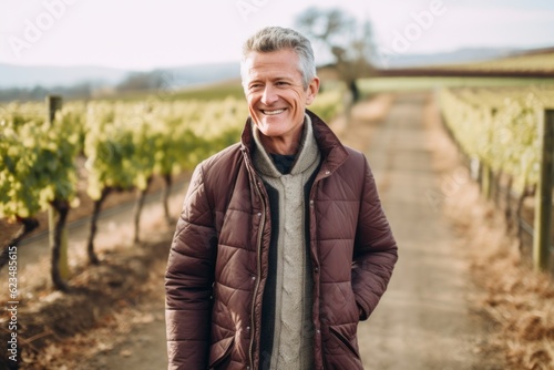 Lifestyle portrait photography of a grinning mature man wearing a cozy winter coat against a picturesque vineyard background. With generative AI technology
