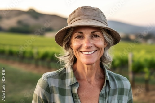 Close-up portrait photography of a joyful mature girl wearing a cool cap or hat against a picturesque vineyard background. With generative AI technology