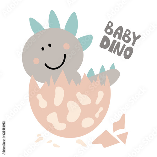 Cute dino hatching from the egg children doodle print, vector illustration. Good for T-shirt print, poster, card.
