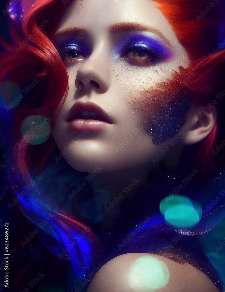 
Artistic portrait of a red-haired, white-skinned woman, with accentuated makeup and volumetric and cinematic lighting.