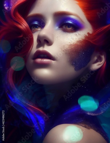  Artistic portrait of a red-haired, white-skinned woman, with accentuated makeup and volumetric and cinematic lighting.