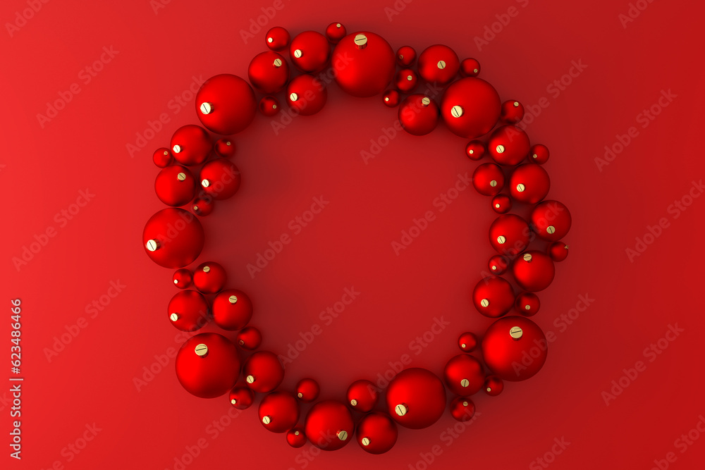 Christmas tree toys are laid out along the contour of a circle. Small golden stars are arranged in a chaotic order nearby. There is a place for the text. Background for a banner, a postcard. Christmas tree toys are laid out along the contour of a circle. Small golden stars are arranged in a chaotic order nearby. There is a place for the text. Background for a banner, a postcard.