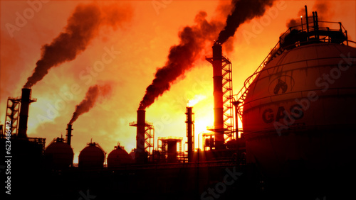natural gas or LNG storage tanks on refinery plant at sunset, fictional design - industrial 3D illustration