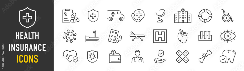 Health insurance web icons in line style. Protection, accident, diagnostic, safety, doctor, collection. Vector illustration.