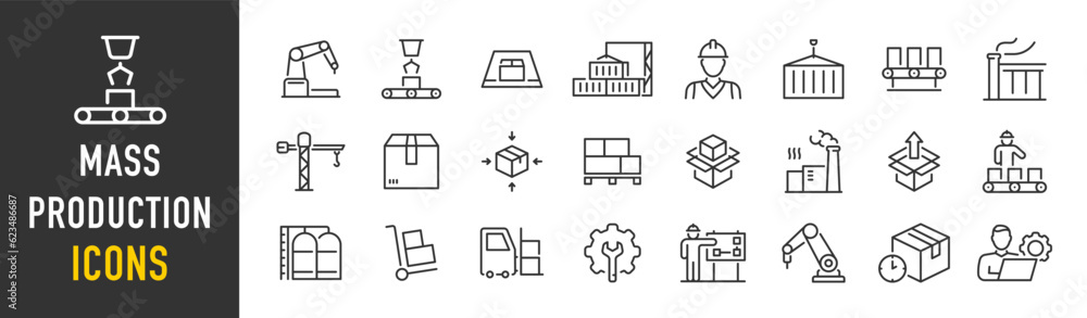 Mass Production web icons in line style. Robot, productive, workflow, industrial, automation, collection. Vector illustration.