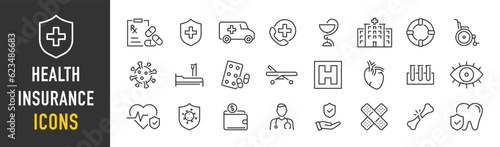 Health insurance web icons in line style. Protection, accident, diagnostic, safety, doctor, collection. Vector illustration.