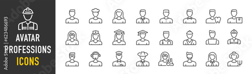 Avatar Professions web icons in line style. Doctor, policeman, business man and woman, chef, fireman, nurse, collection. Vector illustration.