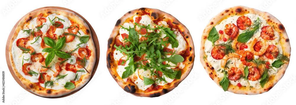 top view of delicious Italian Neapolitan pizza variations on transparent background - seafood, bufala, margarita top view of delicious Italian Neapolitan pizza variations on transparent background - seafood, bufala, margarita
