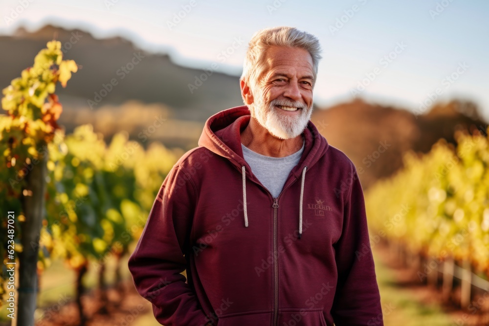Casual fashion portrait photography of a satisfied old man wearing a comfortable hoodie against a picturesque vineyard background. With generative AI technology Casual fashion portrait photography of a satisfied old man wearing a comfortable hoodie against a picturesque vineyard background. With generative AI technology