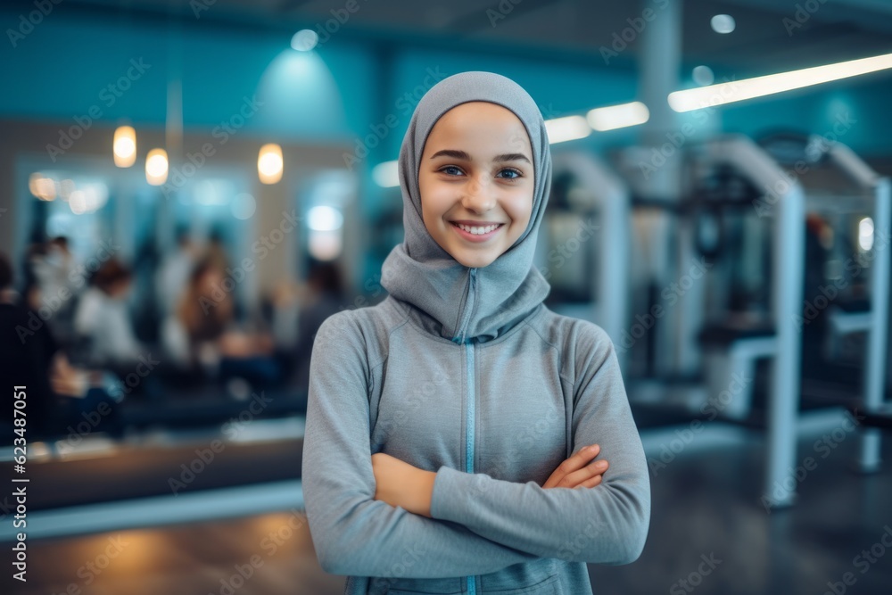 Casual fashion portrait photography of a satisfied kid female wearing hijab against a modern fitness center background. With generative AI technology Casual fashion portrait photography of a satisfied kid female wearing hijab against a modern fitness center background. With generative AI technology