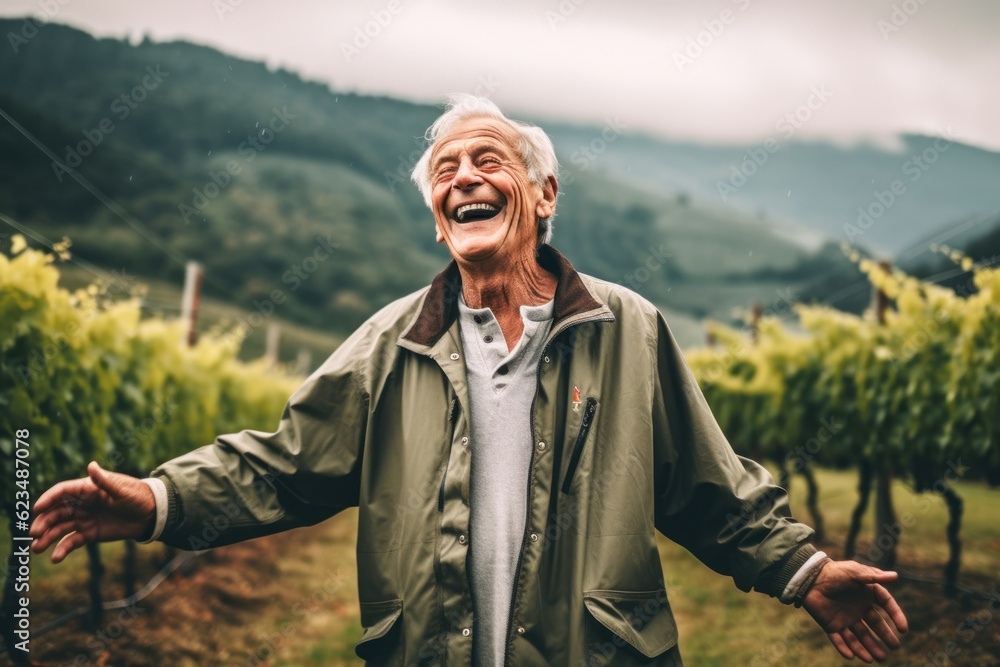 Eclectic portrait photography of a joyful old man wearing a lightweight windbreaker against a picturesque vineyard background. With generative AI technology