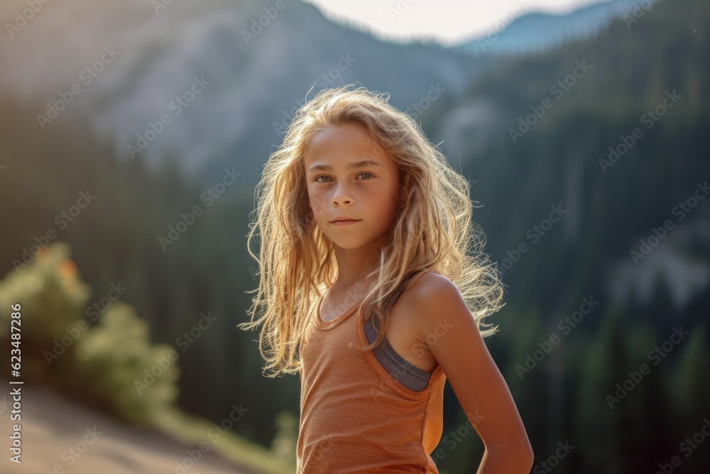 Photography in the style of pensive portraiture of a satisfied kid female wearing a sporty tank top against a scenic mountain trail background. With generative AI technology