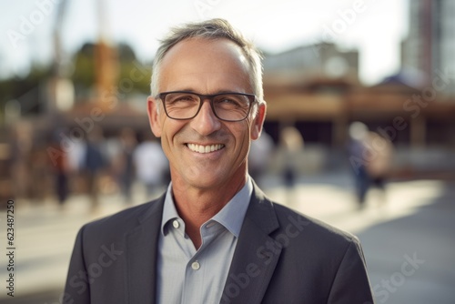 Headshot portrait photography of a grinning mature man wearing a classic blazer against a busy construction site background. With generative AI technology