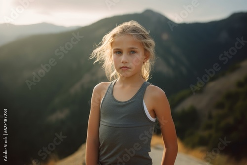 Photography in the style of pensive portraiture of a satisfied kid female wearing a sporty tank top against a scenic mountain trail background. With generative AI technology