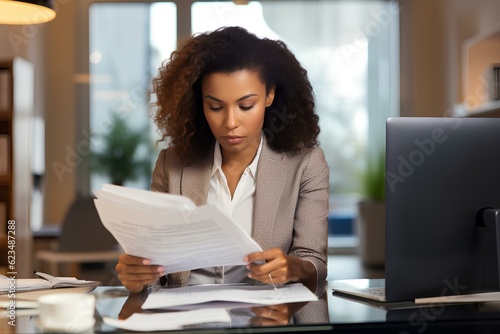 Busy young African American business woman, account manager executive checking tax financial bills documents, reading corporate papers sitting at office desk. generative AI photo