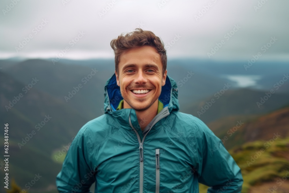 Medium shot portrait photography of a grinning boy in his 30s wearing a lightweight windbreaker against a scenic mountain trail background. With generative AI technology