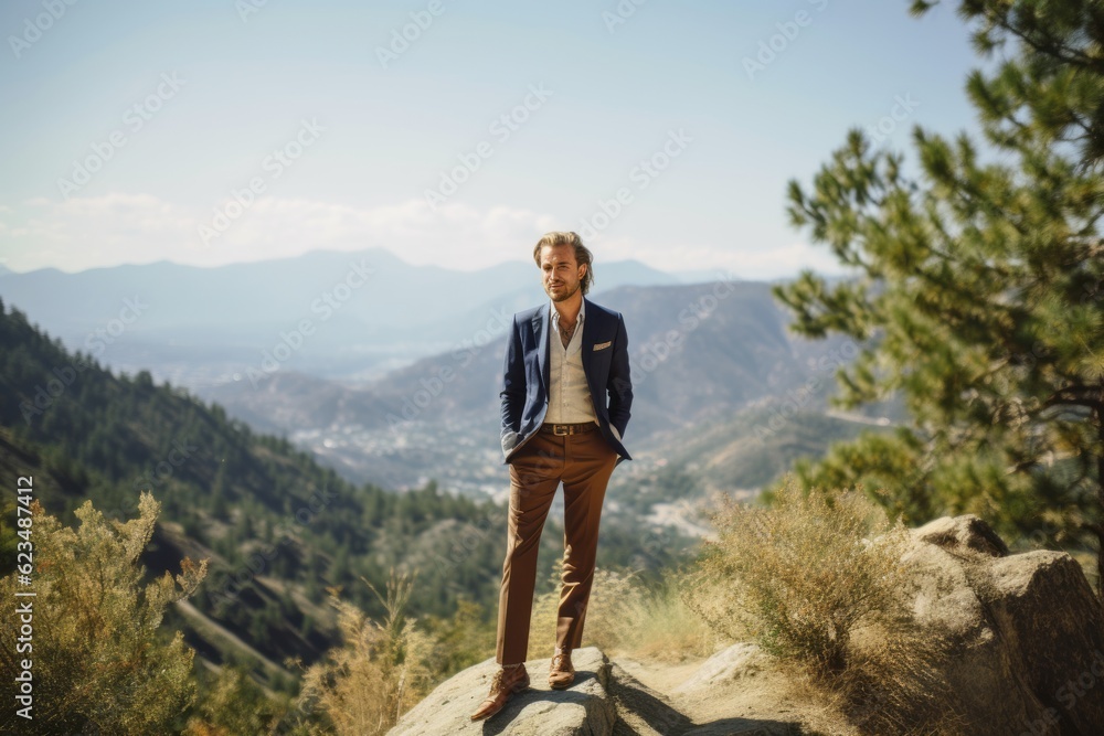 Environmental portrait photography of a satisfied boy in his 30s wearing a chic jumpsuit against a scenic mountain trail background. With generative AI technology
