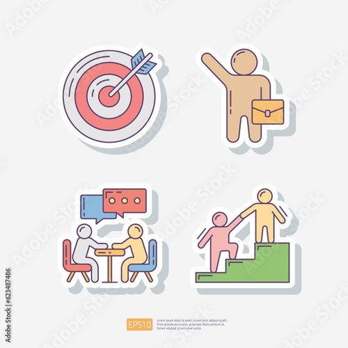archery business target, businessman with bag, team discussion, teamwork leader help. sticker icon set. Team work vector illustration