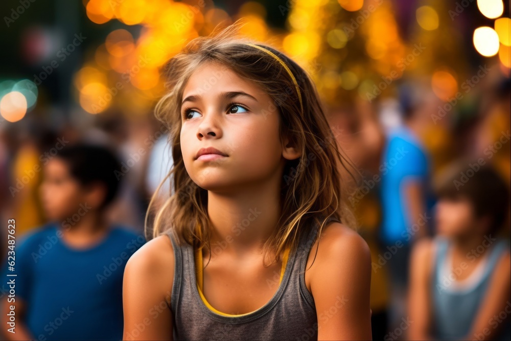 Photography in the style of pensive portraiture of a glad kid female wearing a sporty tank top against a festive parade background. With generative AI technology Photography in the style of pensive portraiture of a glad kid female wearing a sporty tank top against a festive parade background. With generative AI technology
