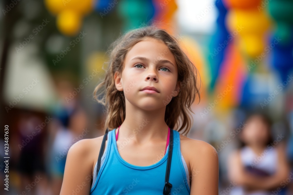 Photography in the style of pensive portraiture of a glad kid female wearing a sporty tank top against a festive parade background. With generative AI technology