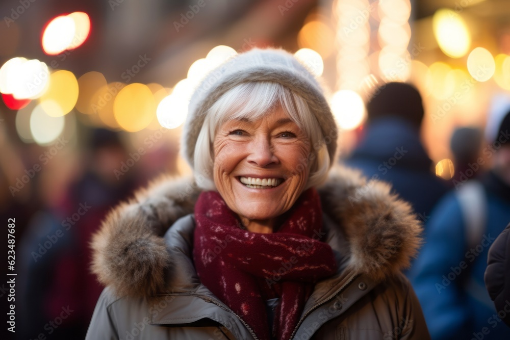 Editorial portrait photography of a grinning mature woman wearing a warm parka against a festive parade background. With generative AI technology Editorial portrait photography of a grinning mature woman wearing a warm parka against a festive parade background. With generative AI technology