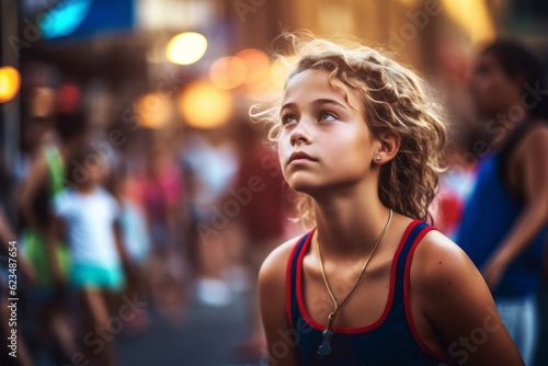 Photography in the style of pensive portraiture of a glad kid female wearing a sporty tank top against a festive parade background. With generative AI technology