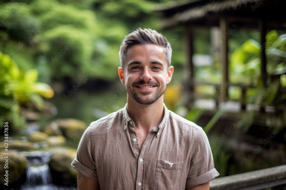 Obraz premium Close-up portrait photography of a glad boy in his 30s wearing a casual short-sleeve shirt against a tranquil koi pond background. With generative AI technology